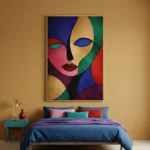 Contemporary abstract hand-painted canvas featuring cubist face in vibrant multicolored geometric sections, modern bedroom