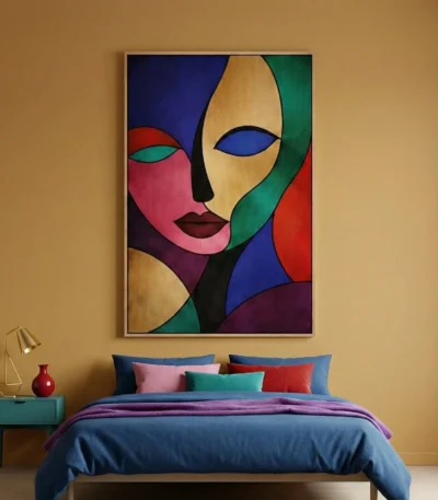 Contemporary abstract hand-painted canvas featuring cubist face in vibrant multicolored geometric sections, modern bedroom