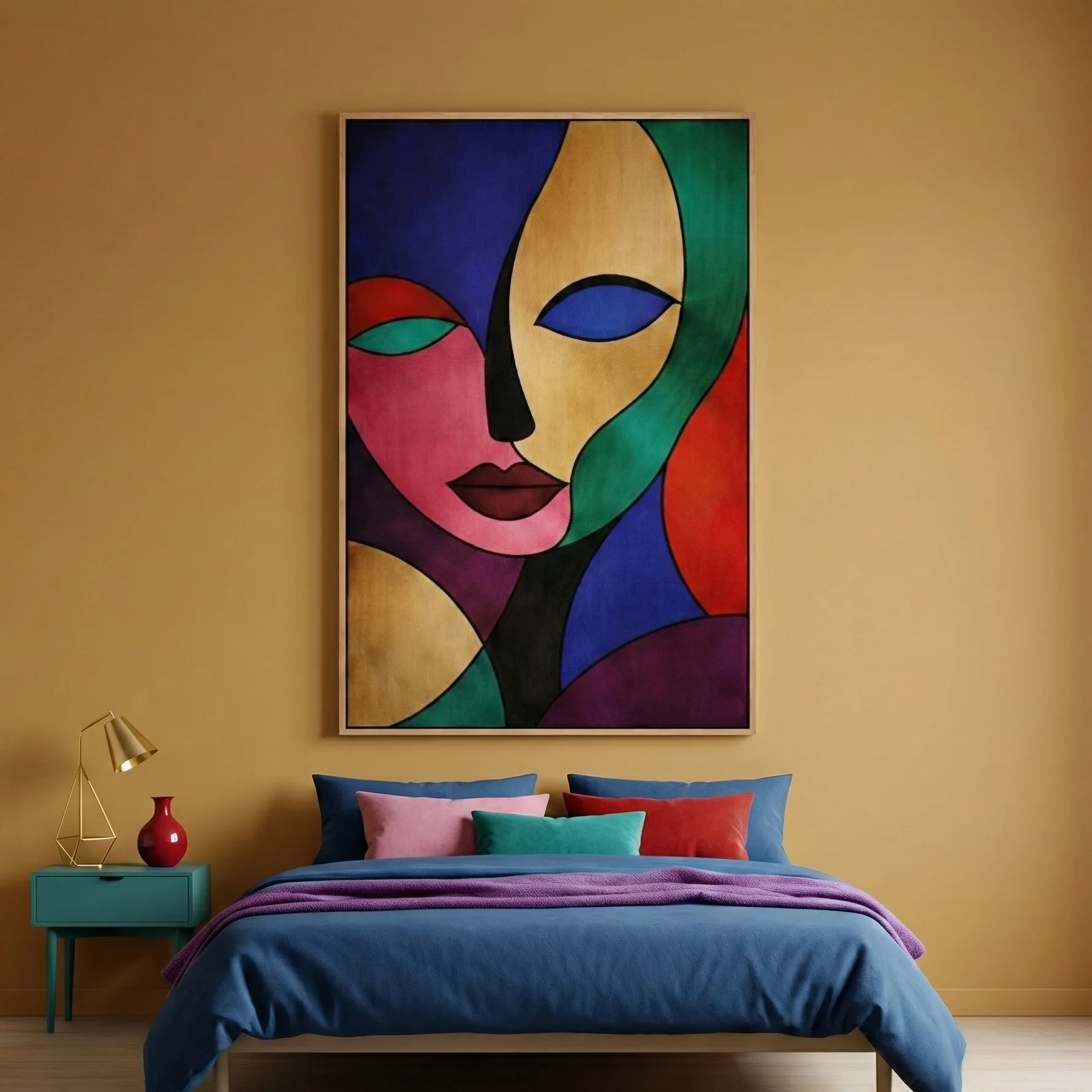 Prismatic Soul Vibrant cubist-style portrait Abstract wall art (2) Contemporary abstract hand-painted canvas featuring cubist face in vibrant multicolored geometric sections, modern bedroom