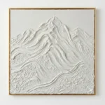 Textured monochrome hand-painted canvas depicting snow-capped mountain peaks with layered ridge details in cream and white