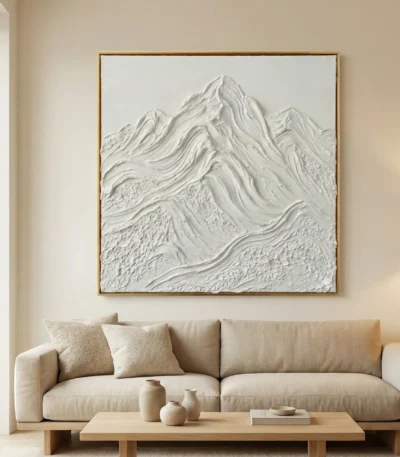 Textured abstract landscape hand-painted canvas depicting layered mountain peaks in monochrome white and cream, contemporary living space