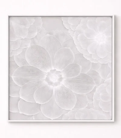 Textured monochrome hand-painted canvas featuring layered white flowers with fine brushstroke detailing throughout