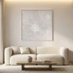 Textured minimalist hand-painted canvas of layered white flowers with delicate linear petals, monochromatic cream tones, contemporary living space
