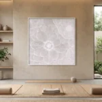 Textured minimalist hand-painted canvas of layered white petals in soft monochrome tones, contemporary wellness space