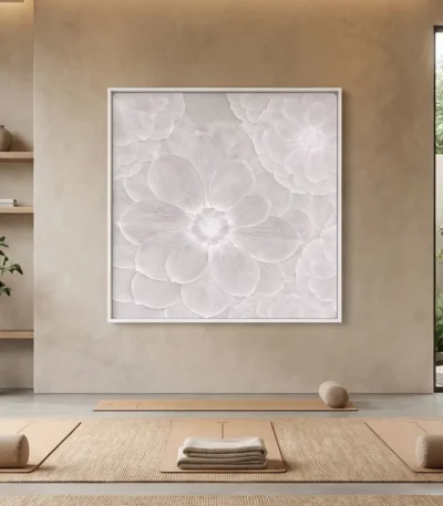 Textured minimalist hand-painted canvas of layered white petals in soft monochrome tones, contemporary wellness space