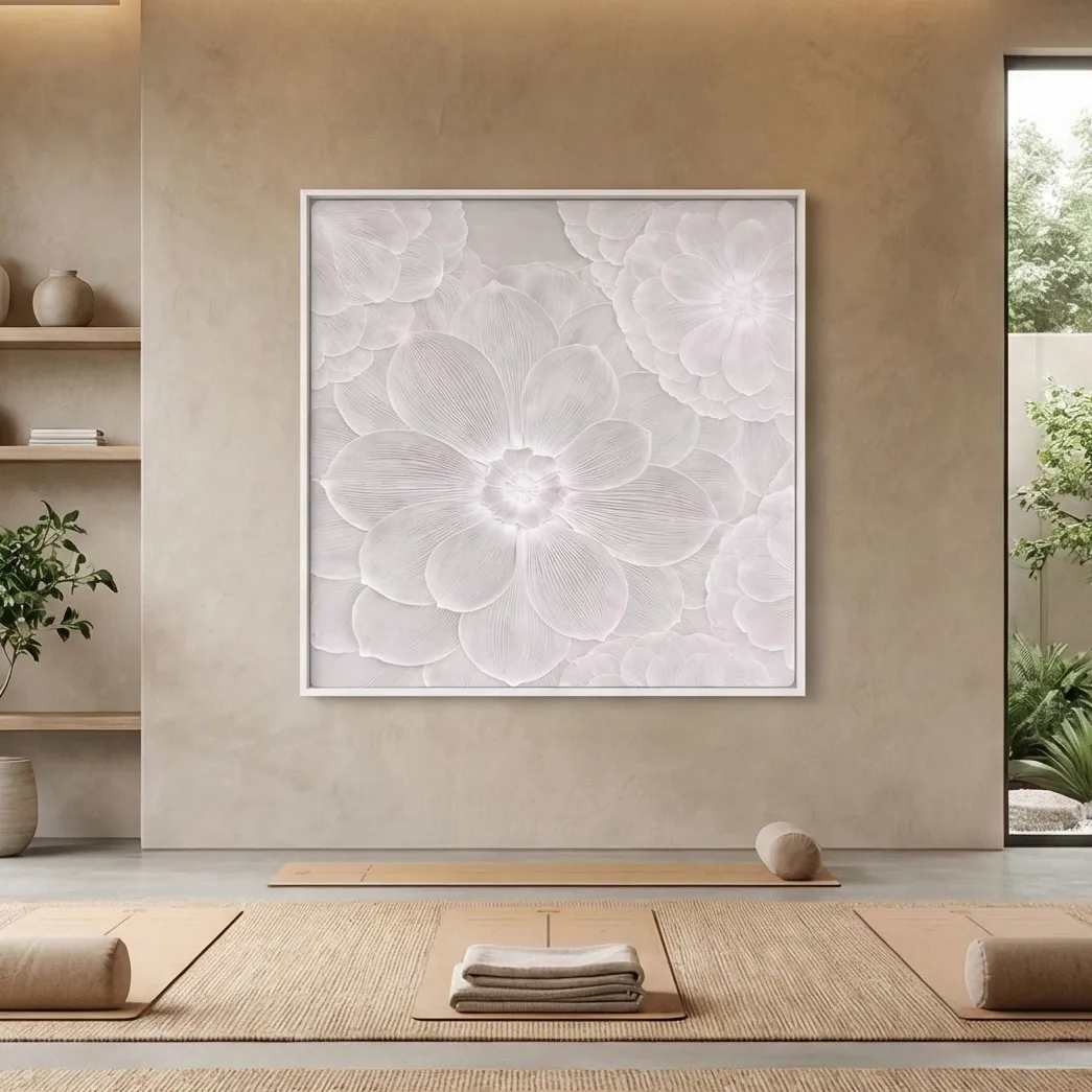 Pure Ethereal Bloom Soft monochrome botanical design Minimal wall art (4) Textured minimalist hand-painted canvas of layered white petals in soft monochrome tones, contemporary wellness space