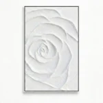 Textured minimalist hand-painted canvas featuring a spiraling white rose in monochromatic relief tones