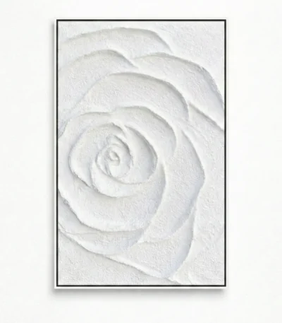 Textured minimalist hand-painted canvas featuring a spiraling white rose in monochromatic relief tones