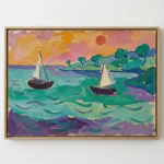 Expressionist hand-painted canvas depicting two sailboats on vibrant turquoise waters with rolling green hills and warm sunset sky, in bold gestural brushstrokes