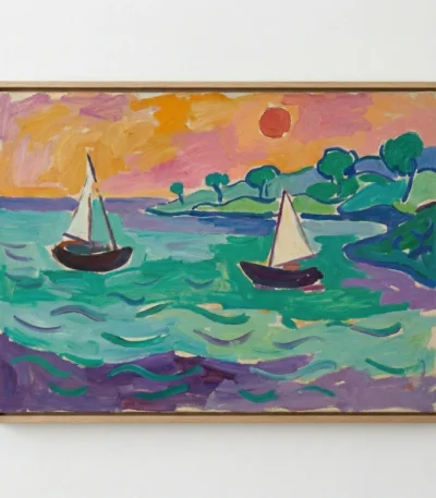 Expressionist hand-painted canvas depicting two sailboats on vibrant turquoise waters with rolling green hills and warm sunset sky, in bold gestural brushstrokes