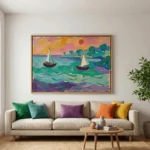 Contemporary landscape hand-painted canvas featuring sailboats and coastal scenery in vibrant greens, purples, and oranges, contemporary living space