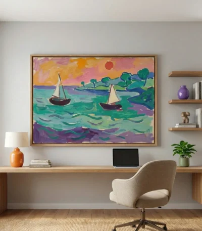 Expressionist hand-painted canvas depicting sailboats on vibrant turquoise waters with pink sky and green landscape, contemporary workspace