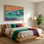 Gestural expressionist painting of sailboats on vibrant turquoise waters with purple and orange sky, hand-painted canvas in modern bedroom