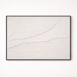 Minimalist abstract hand-painted canvas with layered horizontal strokes in soft whites and warm greys