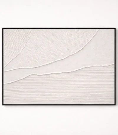 Minimalist abstract hand-painted canvas with layered horizontal strokes in soft whites and warm greys
