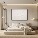 Minimalist abstract hand-painted canvas with layered linear textures in soft white and cream tones, contemporary bedroom