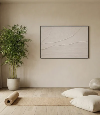 Minimalist abstract hand-painted canvas with flowing linear patterns in soft monochrome tones, zen meditation space