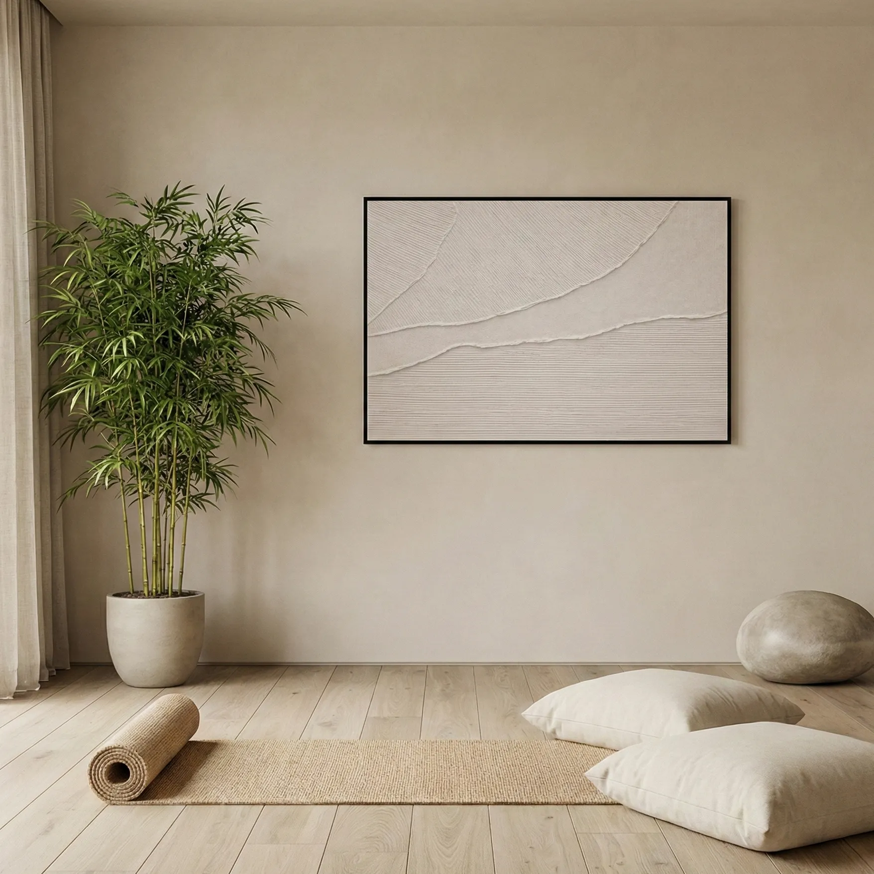 Quiet Horizons Serene abstract linear landscape contemporary minimal art (4) Minimalist abstract hand-painted canvas with flowing linear patterns in soft monochrome tones, zen meditation space