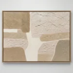 Textured abstract hand-painted canvas in layered cream and sand tones with gestural brushwork, contemporary interior