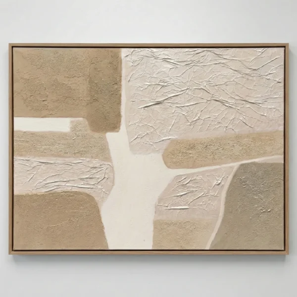 Textured abstract hand-painted canvas in layered cream and sand tones with gestural brushwork, contemporary interior
