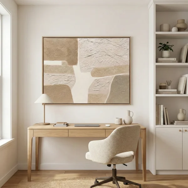 Textured abstract hand-painted canvas in cream and sand tones with layered gestural brushstrokes, contemporary workspace