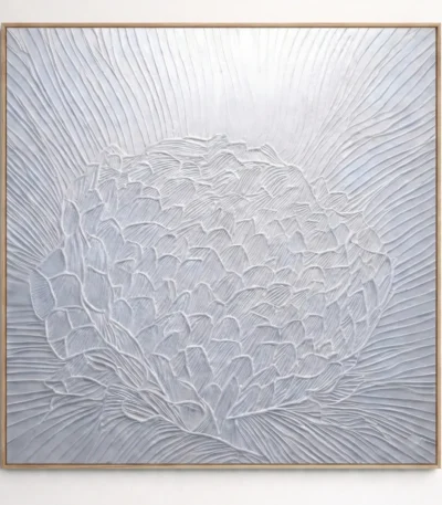 Textured monochrome hand-painted canvas depicting layered dahlia petals in dimensional white relief strokes, contemporary wall space