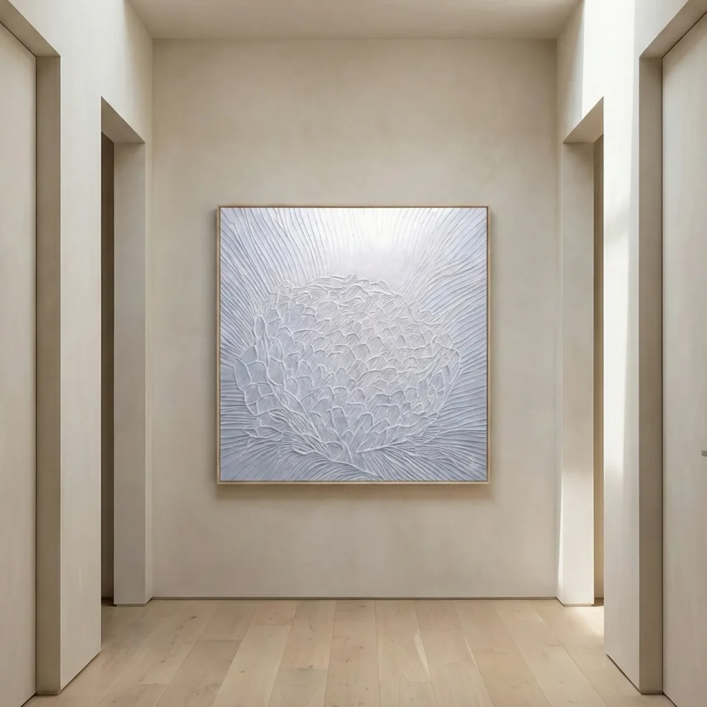 Textured contemporary hand-painted canvas depicting layered floral petals in monochromatic white and blue tones, modern gallery space
