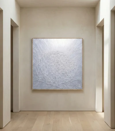 Textured contemporary hand-painted canvas depicting layered floral petals in monochromatic white and blue tones, modern gallery space