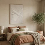 Minimalist abstract hand-painted canvas with intersecting geometric lines in soft taupe and cream, modern bedroom