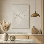 Minimalist abstract hand-painted canvas with intersecting linear brushstrokes in soft grey and cream tones, contemporary kitchen