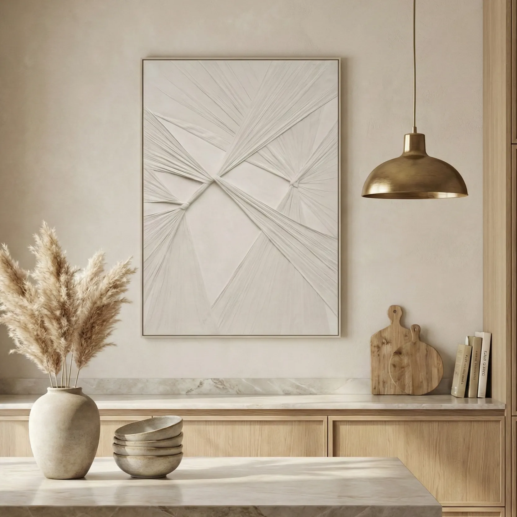 Radial Whispers – Wabi Sabi Textured Wall Decor (4) Minimalist abstract hand-painted canvas with intersecting linear brushstrokes in soft grey and cream tones, contemporary kitchen