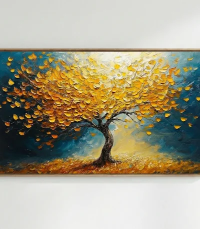 Textured contemporary hand-painted canvas of an autumn tree with golden impasto foliage against deep teal sky, warm earth tones