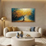 Textured contemporary hand-painted canvas depicting golden tree with flowing leaves against deep blue sky, warm ochre palette, modern living space