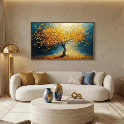 Textured contemporary hand-painted canvas depicting golden tree with flowing leaves against deep blue sky, warm ochre palette, modern living space