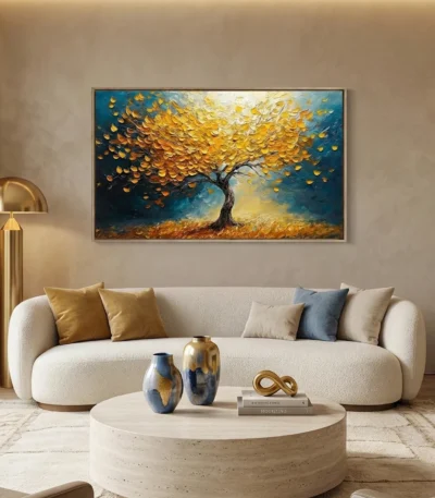 Textured contemporary hand-painted canvas depicting golden tree with flowing leaves against deep blue sky, warm ochre palette, modern living space