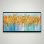 Textured abstract hand-painted canvas with gold leaf splatter and vertical brushstrokes in blue and turquoise tones, modern living space