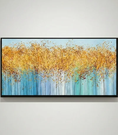 Textured abstract hand-painted canvas with gold leaf splatter and vertical brushstrokes in blue and turquoise tones, modern living space