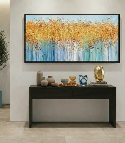 Contemporary abstract hand-painted canvas with layered golden wheat and blue-green striped texture, modern entryway