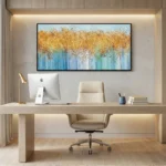 Layered abstract hand-painted canvas with golden textured canopy over blue and green vertical strokes, contemporary office setting