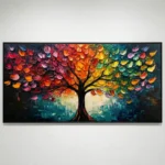 Textured hand-painted canvas depicting a vibrant tree with multicolored foliage in reds, oranges, yellows, and greens against a moody teal and dark background