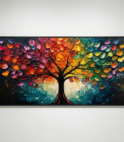 Textured hand-painted canvas depicting a vibrant tree with multicolored foliage in reds, oranges, yellows, and greens against a moody teal and dark background