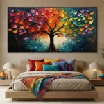 Textured contemporary hand-painted canvas depicting an autumn tree with vibrant red, orange, and teal foliage against a moody cityscape background