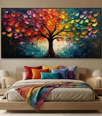 Textured contemporary hand-painted canvas depicting an autumn tree with vibrant red, orange, and teal foliage against a moody cityscape background