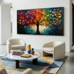 Textured contemporary hand-painted canvas depicting an expressionist tree with vibrant red, orange, and yellow foliage against deep teal backdrop, modern living space