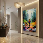 Expressionist hand-painted canvas depicting a hiker in vibrant forest landscape with bold gestural brushstrokes in jewel tones and earth hues, modern entryway
