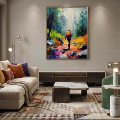 Gestural abstract expressionist hand-painted canvas depicting a trail runner in vibrant jewel tones and bold brushstrokes, contemporary living space