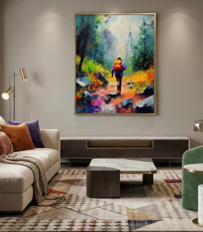 Gestural abstract expressionist hand-painted canvas depicting a trail runner in vibrant jewel tones and bold brushstrokes, contemporary living space