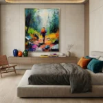Expressionist hand-painted canvas depicting a solitary hiker in vibrant forest landscape with bold gestural brushstrokes in blue, yellow, orange and teal tones, modern bedroom
