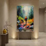 Gestural abstract expressionist hand-painted canvas depicting a hiker in a misty forest landscape with vibrant orange, green, and blue brushstrokes, contemporary entryway