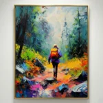 Gestural expressionist hand-painted canvas of solitary hiker on forest trail in vibrant multicolored brushstrokes, contemporary gallery wall